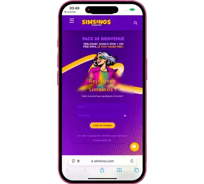 Formulaire d'inscription Simsinos Casino affiché sur un smartphone