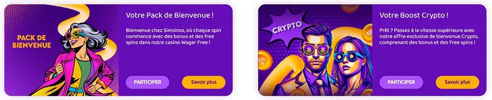 Deux offres Simsinos Casino : pack de bienvenue et boost crypto